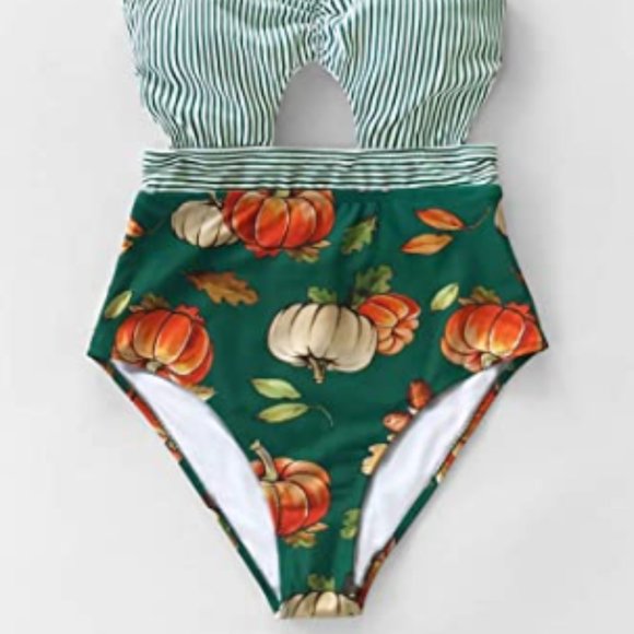 CUPSHE Women's Green Stripe Cutout 1 pc Swimsuit - Picture 6 of 6